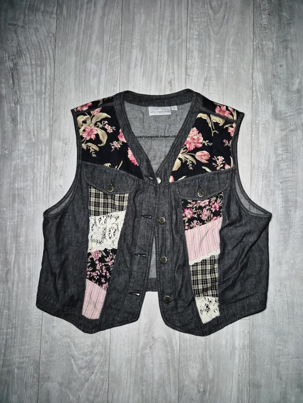 Patchwork Susan Bristol Vintage Vest top button up denim lace floral L Cottagec - Picture 5 of 8